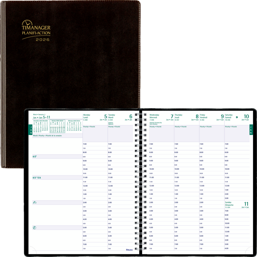 Blueline® Timanager® Planifi-Action® Weekly/Monthly Planner Vinyl Cover 8-1/2" x 6-3/4" Bilingual Black