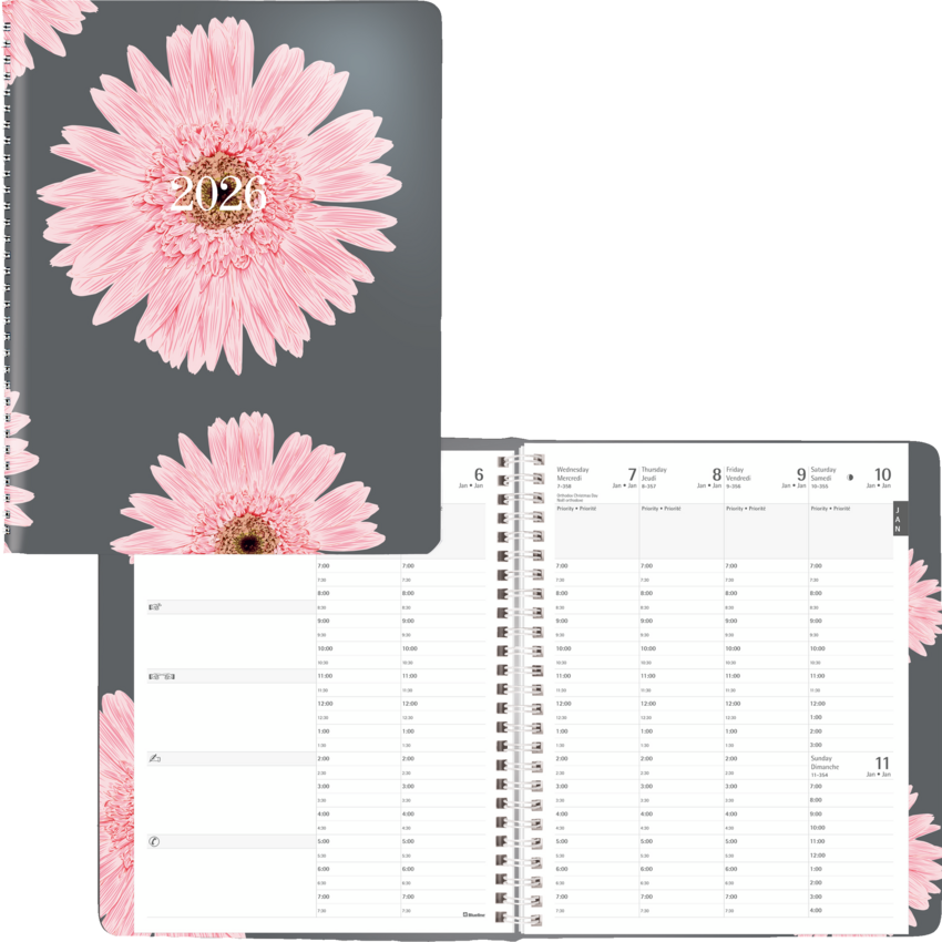 Blueline® Timanager® Planifi-Action® Pink Ribbon Weekly Planner Twin Wire Soft printed Cover 8-1/2" x 6-3/4" Pink Daisty Design Bilingual