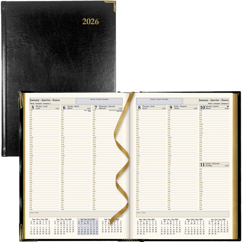Brownline® Executive Weekly Diary Hard Cover 10-3/4" x 7-3/4" Black Trilingual
