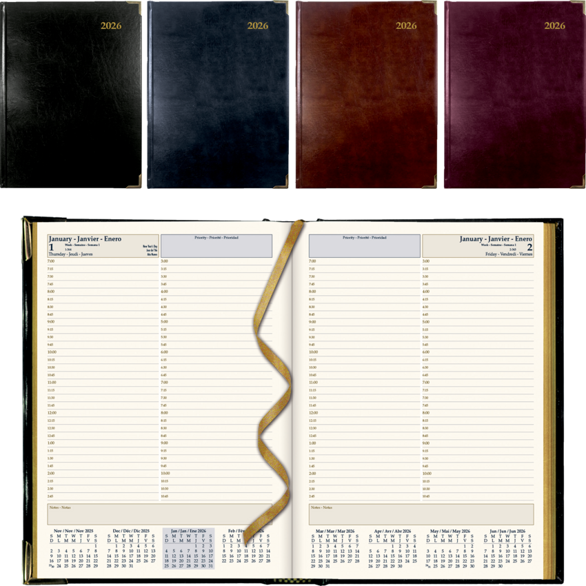 Brownline® Executive Daily Diary Hard Cover 10-3/4x7-3/4" Trilingual Assorted Colours