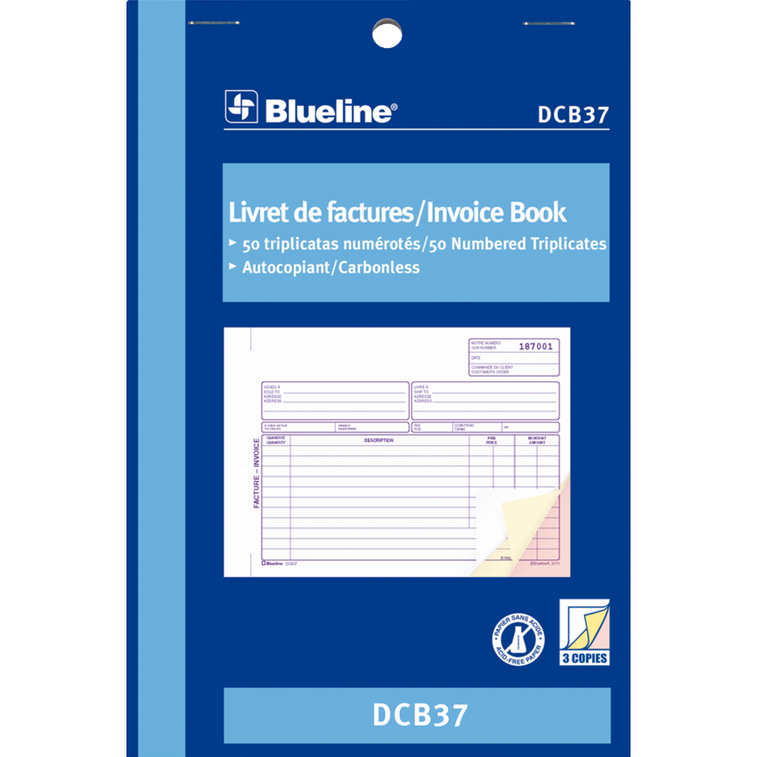 Blueline® Carbonless Invoice Book 3-part 5-3/8x8" Bilingual