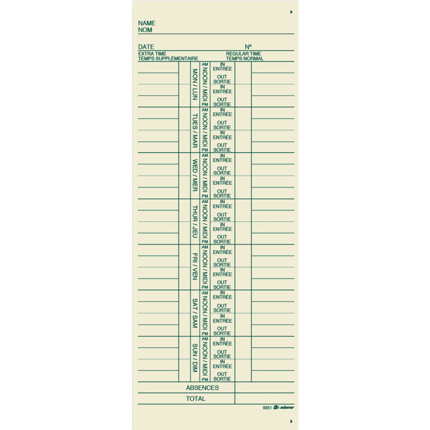 Adams™ Time Cards Bilingual 100/pkg