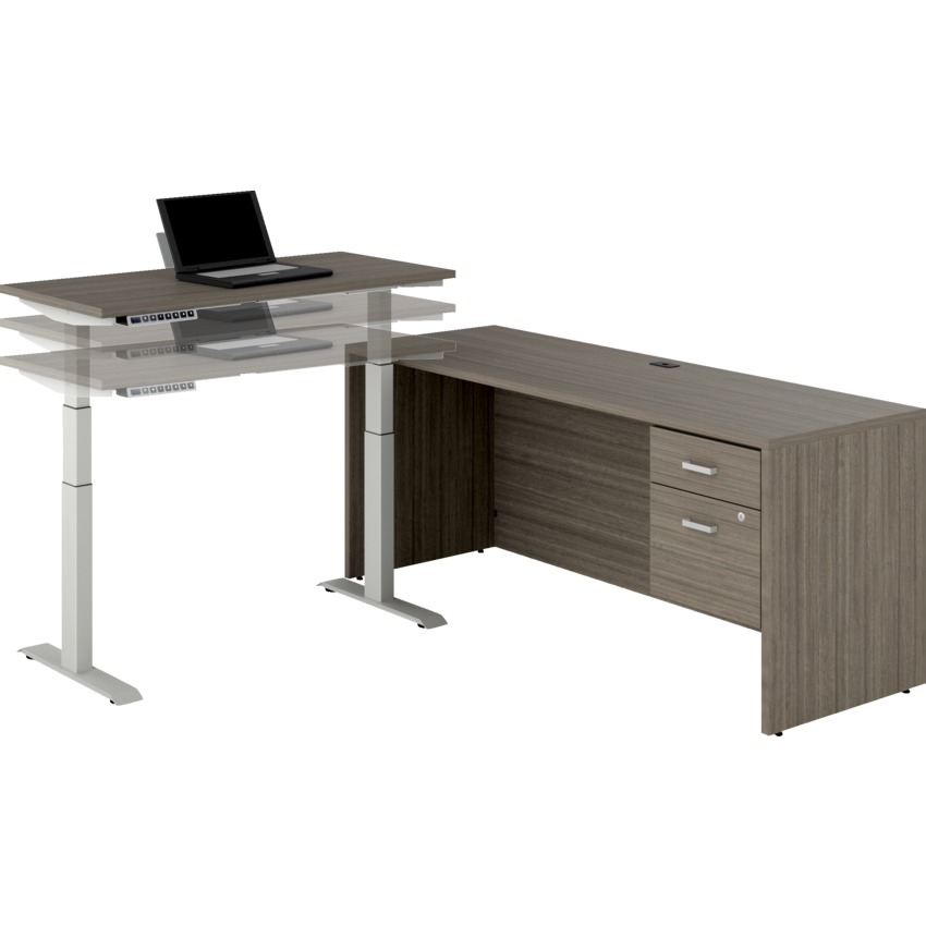 Offices to Go® Newland™ L-Shaped Suite with Height Adjustable Desk 72"W x 72"D x 29-3/5"H Absolute Acajou finish
