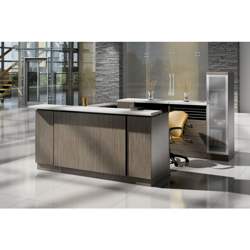 Global® Zira™ Reception Series L-Shaped Reception Desk 89-2/5"W x 111-1/5"D x 43-3/10"H Absolute Acajou with Designer White Tops