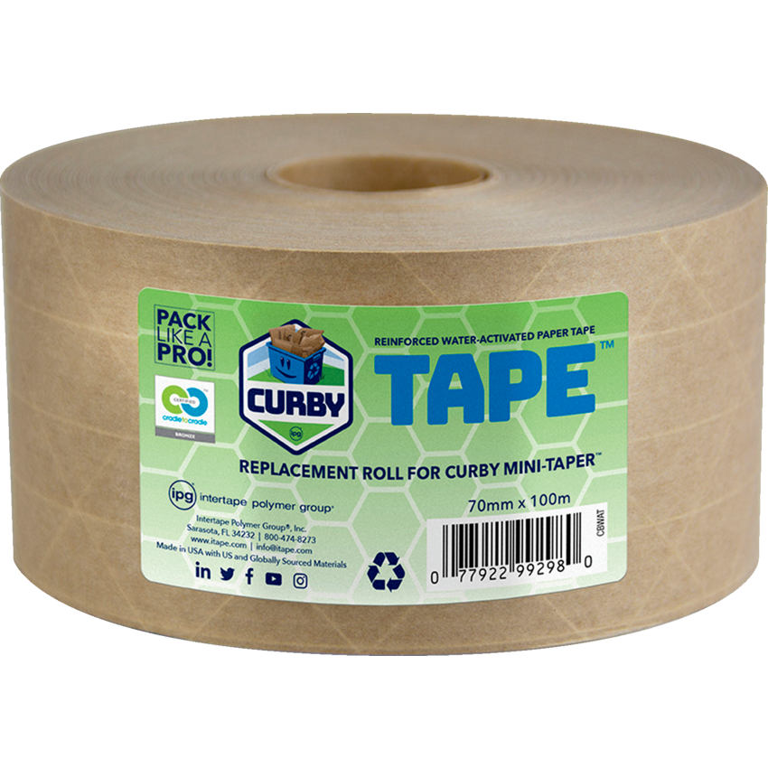 Curby Tape™ Reinforced Water Activated Paper Tape 70 mm x 100 m Kraft 4 rolls/box