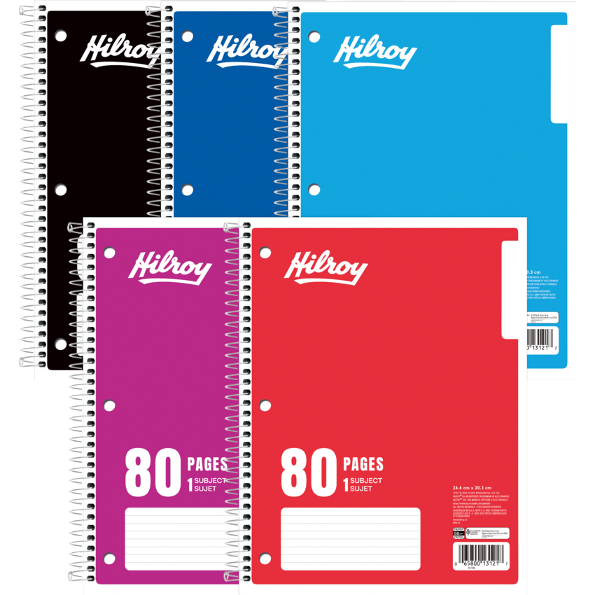 Hilroy 1 Subject Notebook Coil Bound Three-hole Punched 10-1/2x8" 80pgs