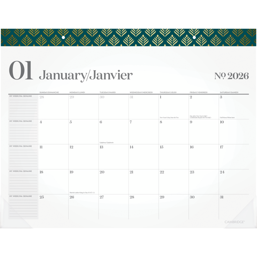 Cambridge® WorkStyle® Monthly Desk Pad Calendar 21-3/4” x 17” Bilingual Teal