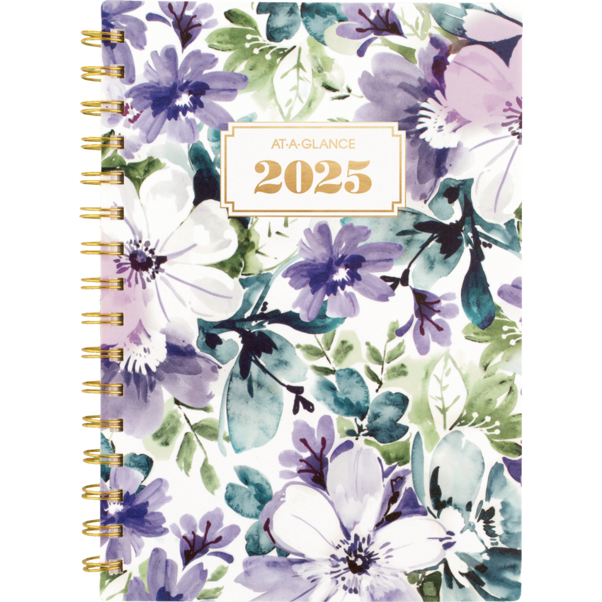 AT-A-GLANCE® Badge Floral Weekly/Monthly Planner 8-1/2" x 6" Bilingual Purple/Green