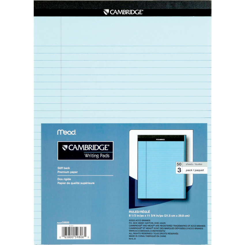 Mead® Cambridge® Coloured Writing Pads 8-1/2" x 11" 50 sheets per pad Blue 3 pads/pkg