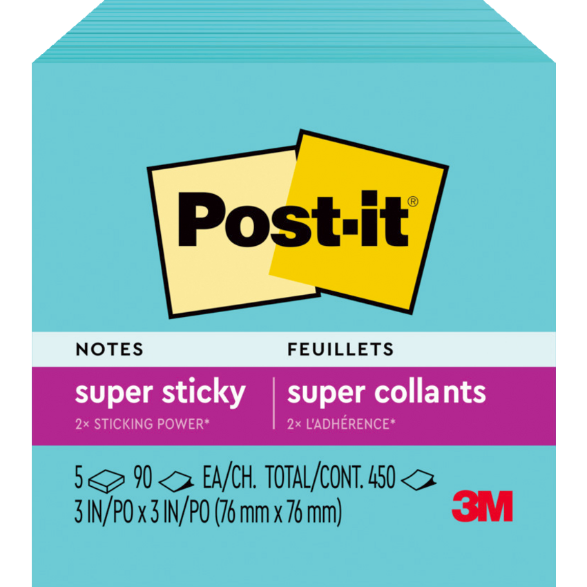 Post-it® Notes Cubes 3" x 3" 90 Sheets Aqua 5 pads/pkg