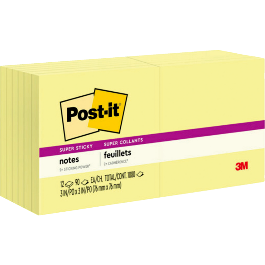 Post-it® Super Sticky Notes 3" x 3" 90 sheets per pad Canary Yellow™ 12 pads/pkg