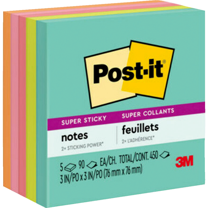 Post-it® Super Sticky Notes 3" x 3" 90 sheets per pad Assorted Supernova Colours 5 pads/pkg