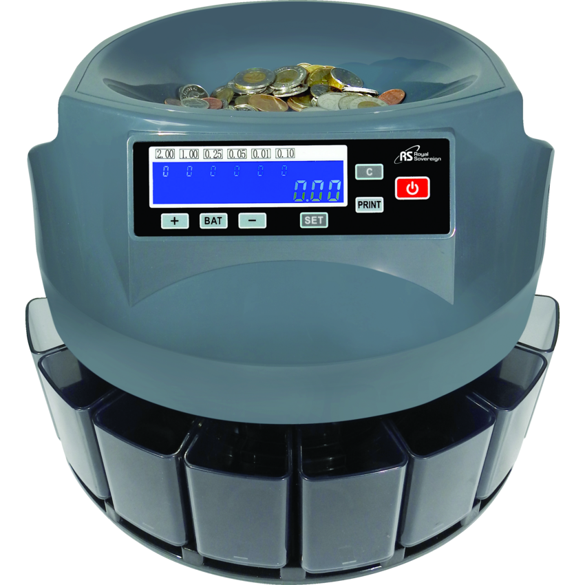 Royal Sovereign®Automatic Quicksort Canadian Coin Counter, Sorter and Wrapper 13-4/5”W x 12-1/5”D x 10-1/2”H Grey