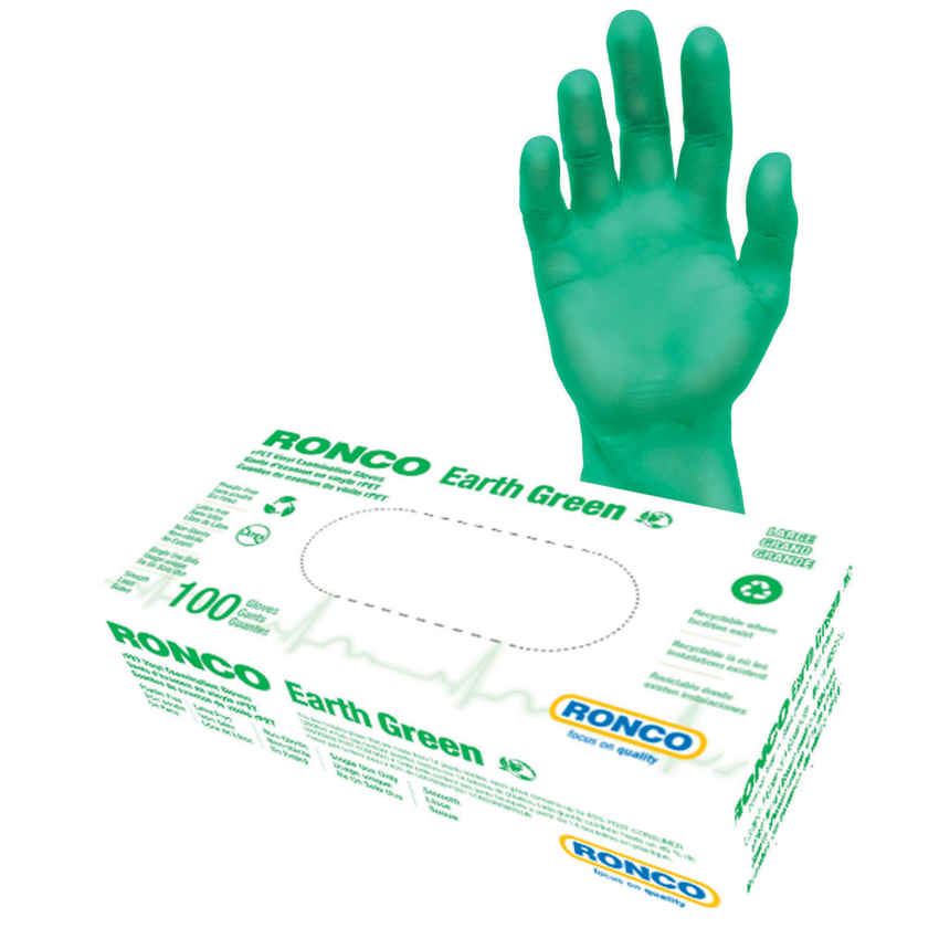 RONCO Earth Vinyl Examination Gloves Large Green 100/box
