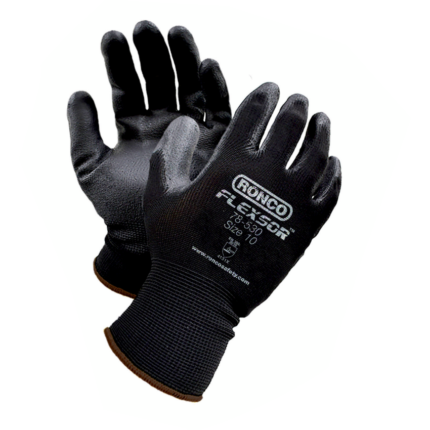 RONCO Flexsor™ Polyurethane Palm Coated Gloves X-Large Black on Black 12 pairs/pkg