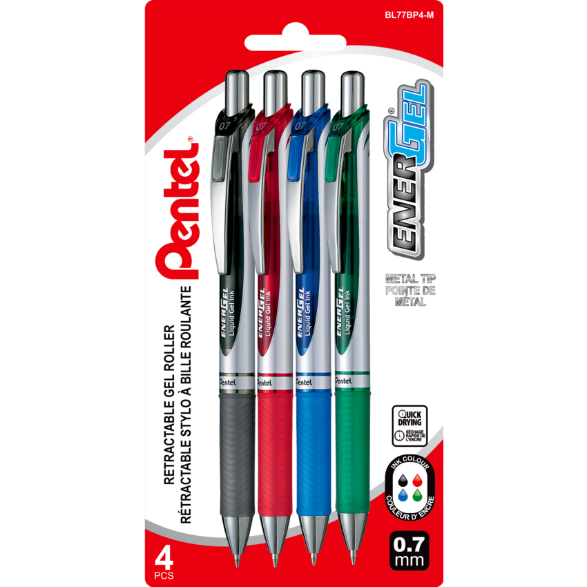 Pentel® EnerGel® Retractable Gel Pen 0.7 mm Assorted Colours 4/pkg