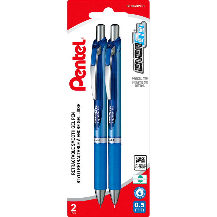Pentel® EnerGel® Retractable Gel Pen 0.5 mm Blue 2/pkg