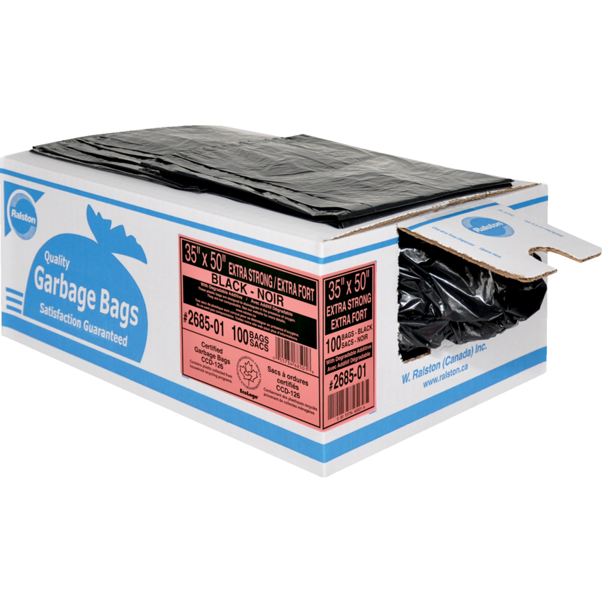Ralston 2600 Series EcoLogo™ Industrial  Garbage Bags Extra Strong 35" x 50" Black 100/ctn