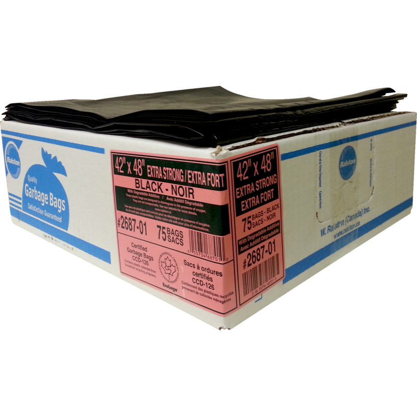 Ralston 2600 Series EcoLogo™ Industrial  Garbage Bags Extra Strong 42" x 48" Black 75/ctn