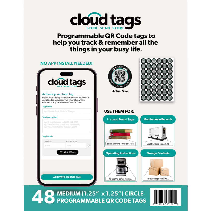 Cloud Tags Programmable QR Code Tags Round 1-1/4" White/Black 48/pkg