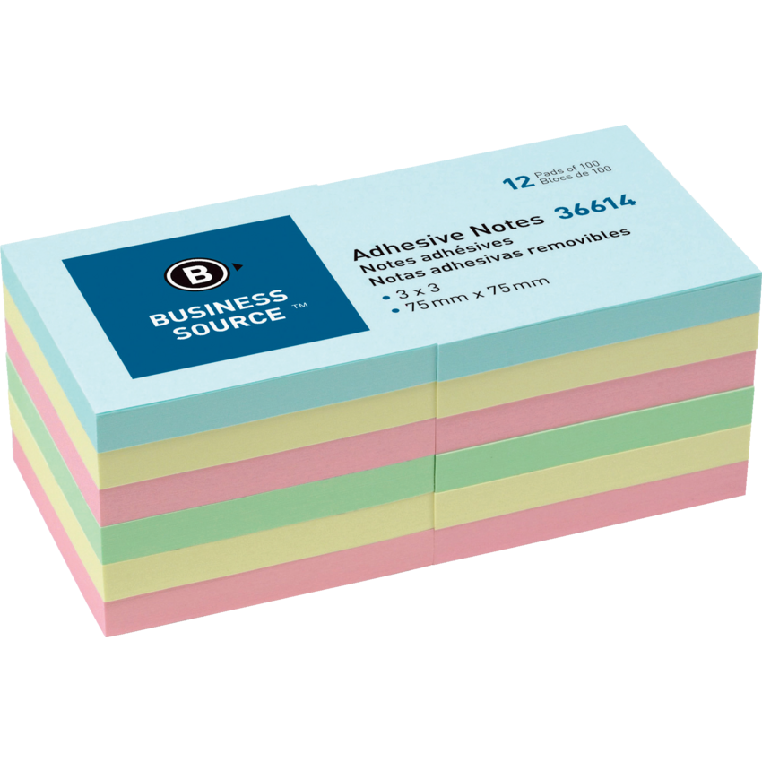 Business Source® Adhesive Notes 3"x3" 100 sheets Assorted Pastel Colours 12 pads/pkg
