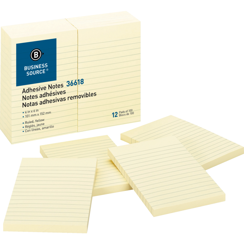 Business Source® Ruled Adhesive Notes 4" x 6" 100 sheets per pad Yellow 12 pads/pkg