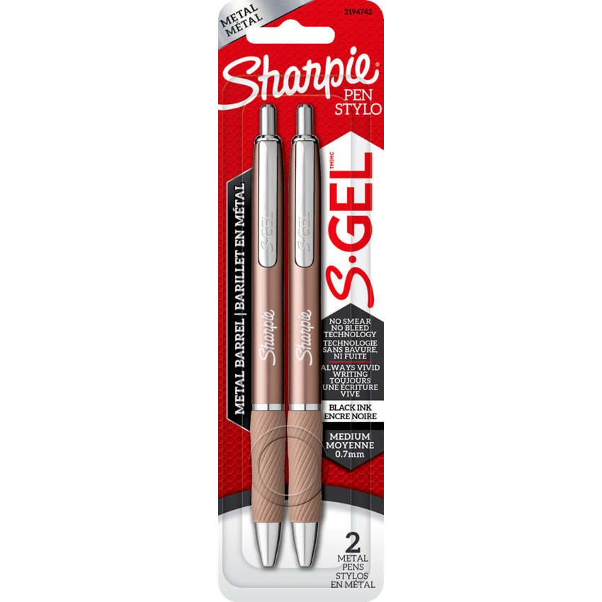 Sharpie® S-Gel® Metal Retractable Pens 0.7 mm Black/Rose Gold 2/pkg