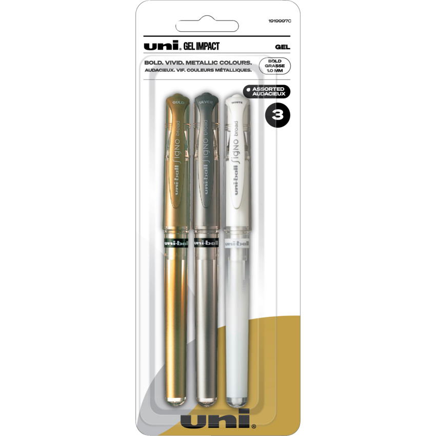 uni-ball® Impact Metallic Gel Pens 1.0 mm Gold, Silver and White 3/pkg