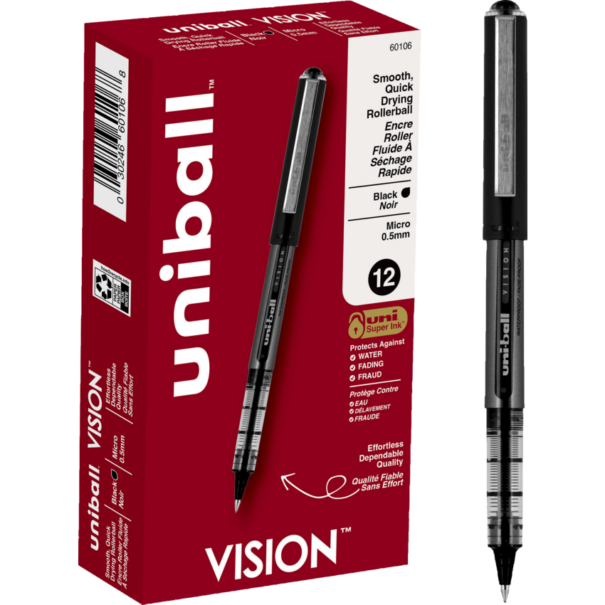 uni-ball® Vision™ Roller Pen 0.5 mm Black with Metallic Charcoal Barrel 12/box