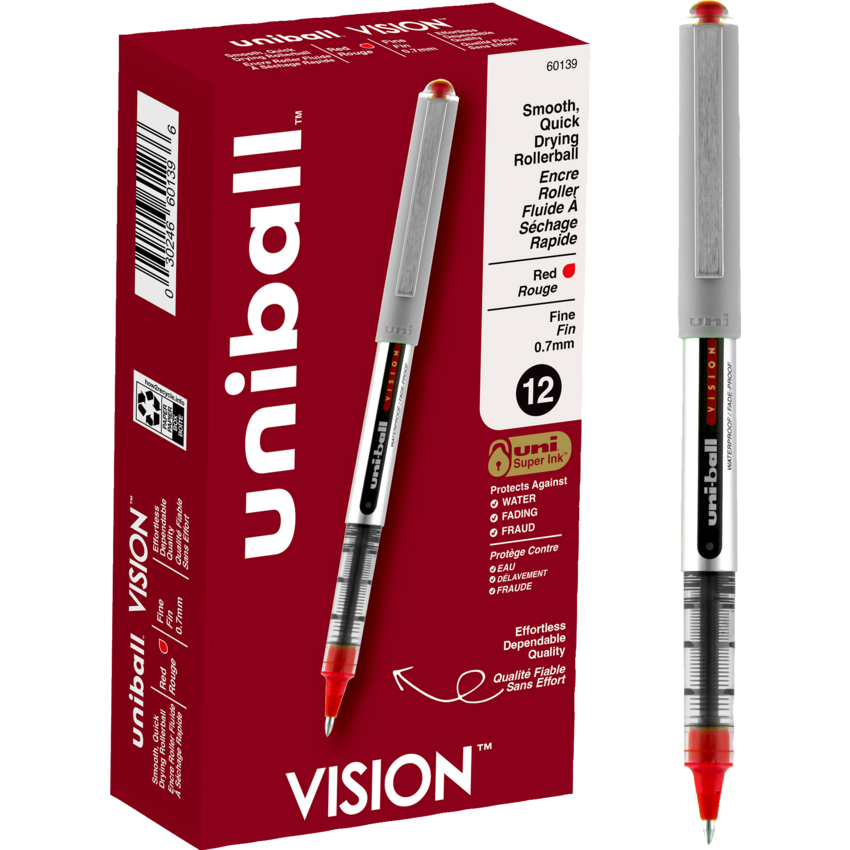uni-ball® Vision™ Roller Pen 0.7 mm Red with Metallic Grey Barrel 12/box