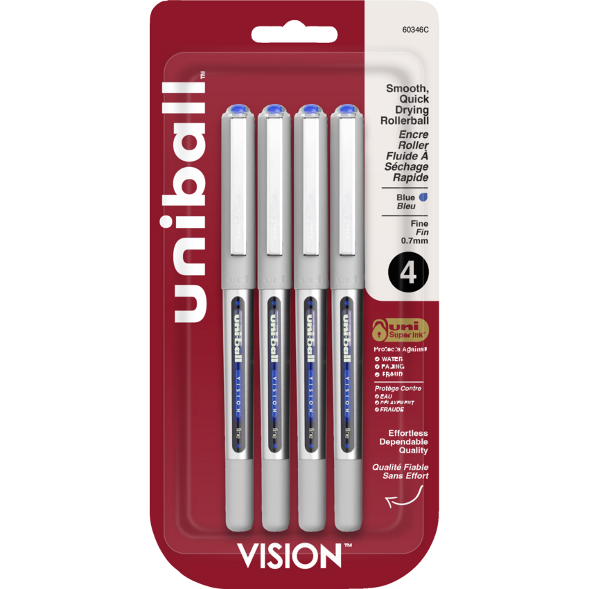 uni-ball® Vision™ Roller Pens 0.7 mm Blue with Grey Barrel 4/pkg