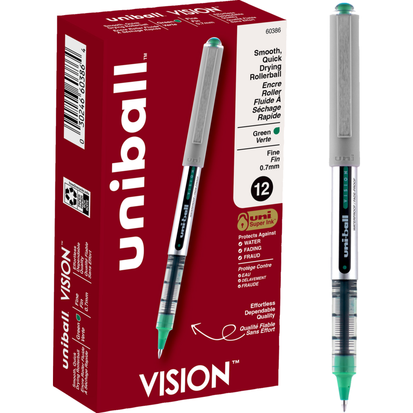 uni-ball® Vision™ Roller Pen 0.7 mm Green with Metallic Grey Barrel 12/box
